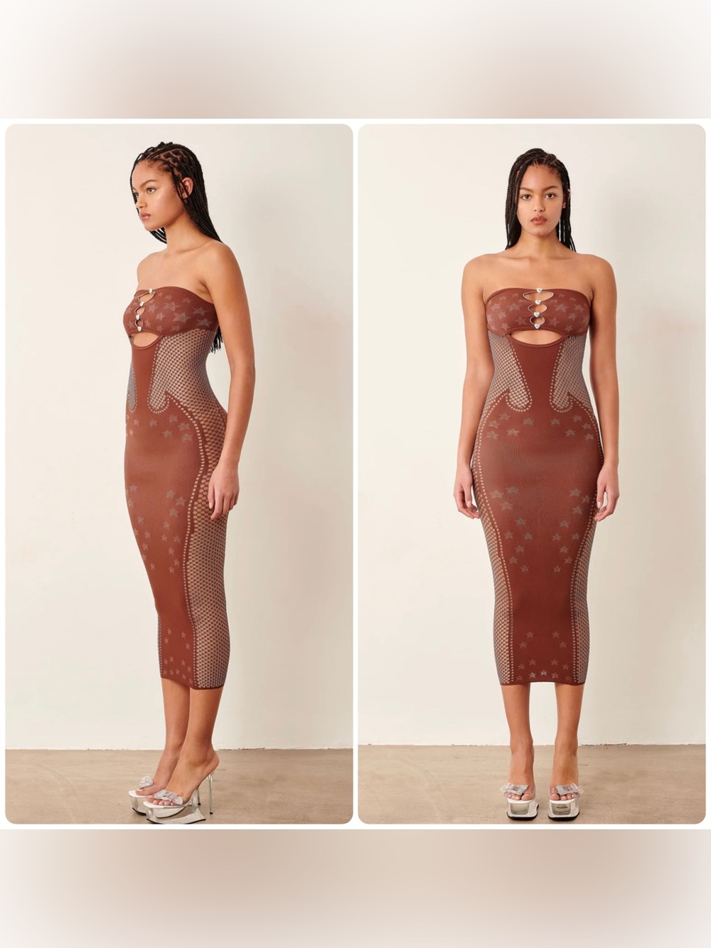 New! Poster Girl Roxie Dress Old Money Brown Stretch Bodycon Midi Dress 🤎🤠 OS - Picture 2 of 13